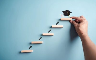 Steps of education leading to success goal. Taking strategic steps towards graduation. Career path and first for business, Graduation achievement goals concept. Graduation cap on wooden block. (Steps of education leading to success goal. Taking strate