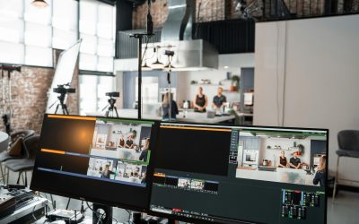 pexels-photo-11748185-11748185 A dynamic setup in a video production studio with two monitors and a kitchen setting.